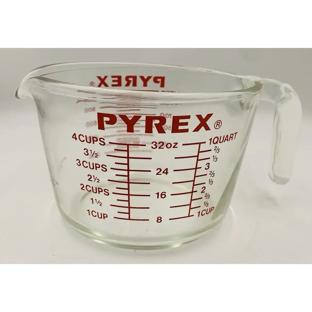 Pre-1998 VTG PYREX #532 Glass Measuring 4-Cup 1-Qt 32 Oz. w/Red Letters & Handle